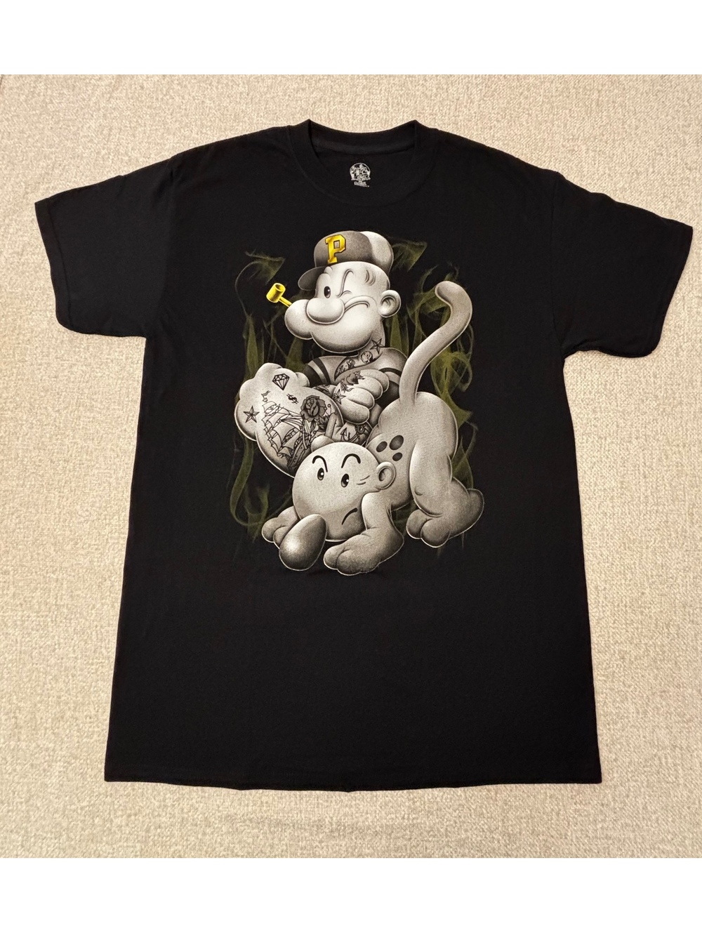 Popeye The Sailor Man Men’s Crewneck T-Shirt Black Size Med